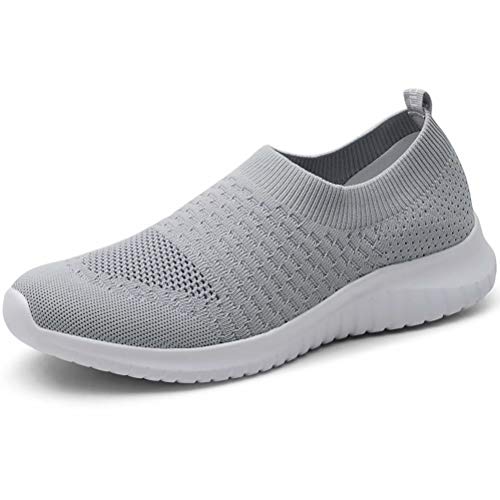 konhill Women's Walking Tennis Shoes - Lightweight Athletic Casual Gym Slip on Sneakers 6 US L.Gray