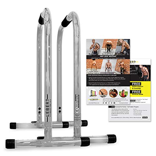 Lebert Fitness Dip Bar Stand - Original Equalizer Total Body Strengthener Pull Up Bar Home Gym Exercise Equipment Dipping Station - Frank Medrano Series, Workout Guide and Online Group - Chrome (XL)