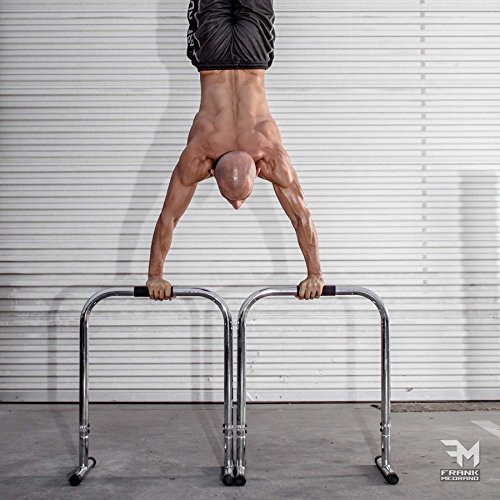 Lebert Fitness Dip Bar Stand - Original Equalizer Total Body Strengthener Pull Up Bar Home Gym Exercise Equipment Dipping Station - Frank Medrano Series, Workout Guide and Online Group - Chrome (XL)