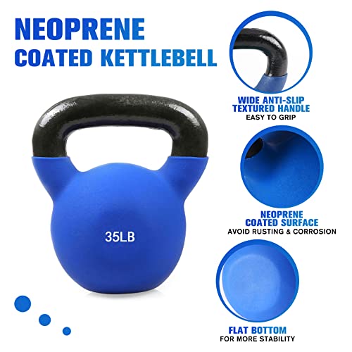RitFit Neoprene Coated Solid Cast Iron Kettlebell - Great for Full Body Workout, Cross-Training, Weight Loss & Strength Training (5/10/15/20/25/30/35/40/45/50 LB) (35LB(Blue))