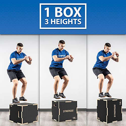 Synergee 3 in 1 Non-Slip Wood Plyometric Box for Jump Training and Conditioning. Wooden Plyo Box All in One Jump Trainer. Size - 20/18/16