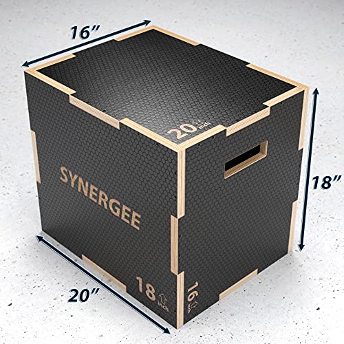 Synergee 3 in 1 Non-Slip Wood Plyometric Box for Jump Training and Conditioning. Wooden Plyo Box All in One Jump Trainer. Size - 20/18/16