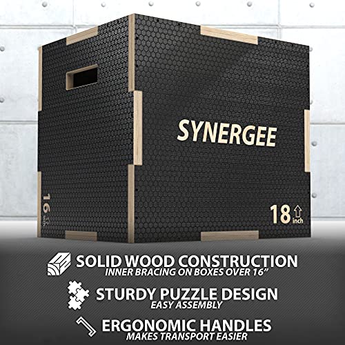 Synergee 3 in 1 Non-Slip Wood Plyometric Box for Jump Training and Conditioning. Wooden Plyo Box All in One Jump Trainer. Size - 20/18/16