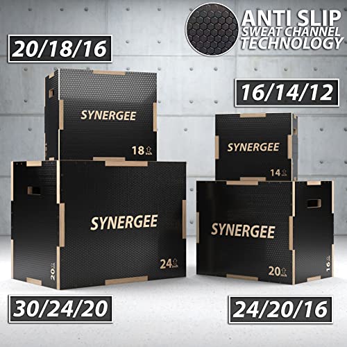Synergee 3 in 1 Non-Slip Wood Plyometric Box for Jump Training and Conditioning. Wooden Plyo Box All in One Jump Trainer. Size - 20/18/16