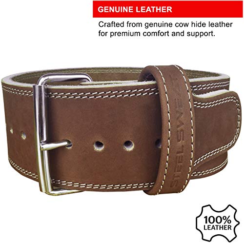 Steel Sweat Weight Lifting Belt - 4 Inches Wide by 10mm - Single Prong Powerlifting Belt that's Heavy Duty - Vegetable Tanned Leather - HYDE Brown Medium