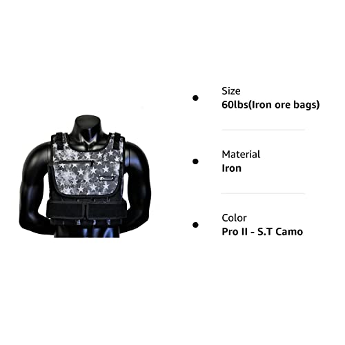 Weight vest (Short) - premium quality - best for cross fit training - running - jogging - Fully Adjustable (S pro weight vest) (Pro II - S.T Camo, 60lbs(Iron ore bags))
