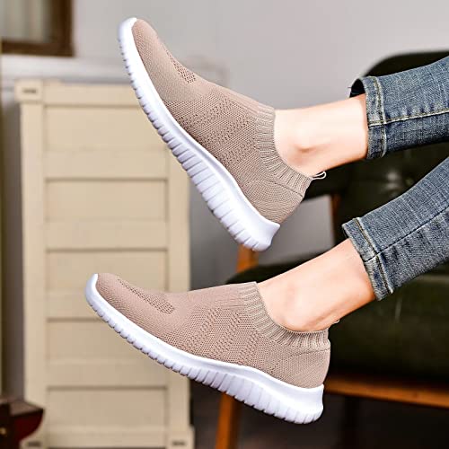 konhill Women's Walking Tennis Shoes - Lightweight Athletic Casual Gym Slip on Sneakers 9 US Apricot