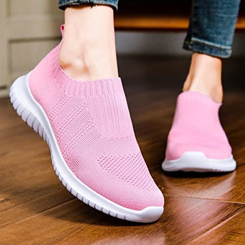 konhill Women's Walking Tennis Shoes - Lightweight Athletic Casual Gym Slip on Sneakers 5 US Pink