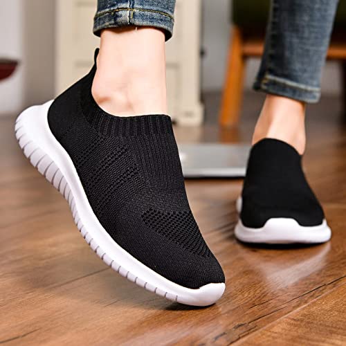 konhill Women's Walking Tennis Shoes - Lightweight Athletic Casual Gym Slip on Sneakers 9 US Black