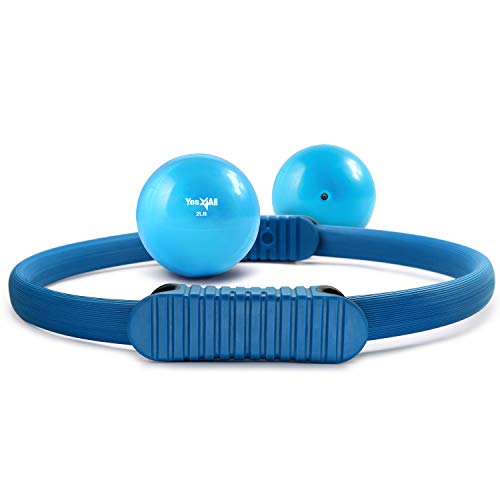 Yes4All Soft Weighted Toning Ball - 2 lb Pair Sand Ball and Magic Circle Pilates Ring - Pilates Resistance Ring (Blue)