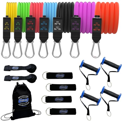 Bodylastics Resistance Band Set-Resistance Bands with Handles, Ankle Straps, Door Anchor, Carry Bag Heavy-Duty Stretch Exercise Bands-Patented Clips and Snap Reduction Tech (3-202LBS Set Assorted)