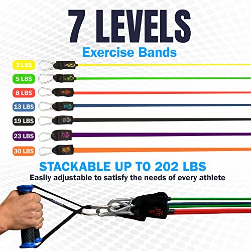 Bodylastics Resistance Band Set-Resistance Bands with Handles, Ankle Straps, Door Anchor, Carry Bag Heavy-Duty Stretch Exercise Bands-Patented Clips and Snap Reduction Tech (3-202LBS Set Assorted)