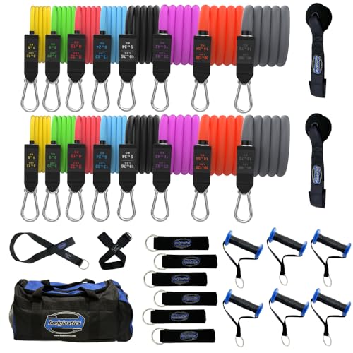 Bodylastics Resistance Band Set-Resistance Bands with Handles, Ankle Straps, Door Anchor, Carry Bag Heavy-Duty Stretch Exercise Bands-Patented Clips and Snap Reduction Tech (3-564LBS Set Assorted)