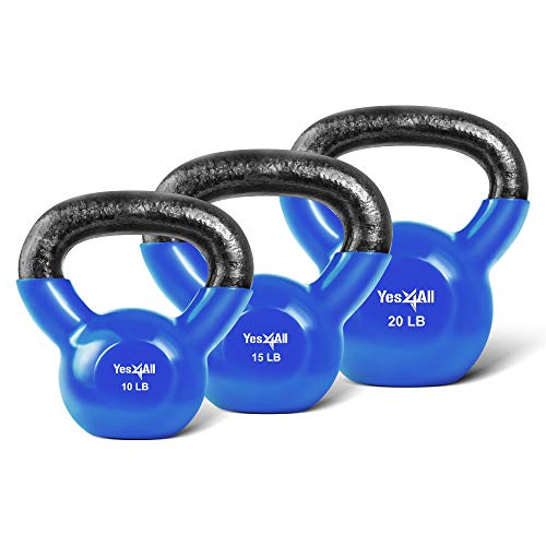 Yes4All Combo Vinyl Coated Kettlebell Weight Sets Great for Full Body Workout and Strength Training Blue, 10 15 20 lbs