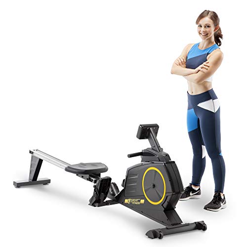 CIRCUIT FITNESS Deluxe Foldable Magnetic Rowing Machine with 8 Resistance Setting & Transport Wheels - Yellow