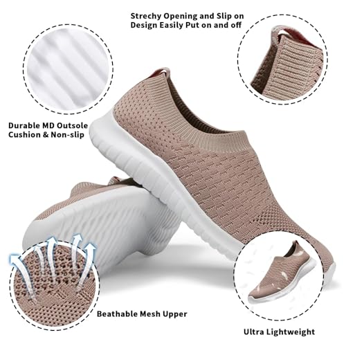 konhill Women's Walking Tennis Shoes - Lightweight Athletic Casual Gym Slip on Sneakers 7.5 US Apricot