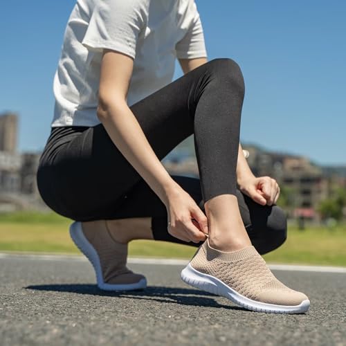 konhill Women's Walking Tennis Shoes - Lightweight Athletic Casual Gym Slip on Sneakers 7.5 US Apricot