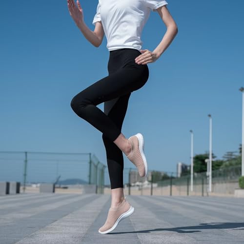 konhill Women's Walking Tennis Shoes - Lightweight Athletic Casual Gym Slip on Sneakers 7.5 US Apricot