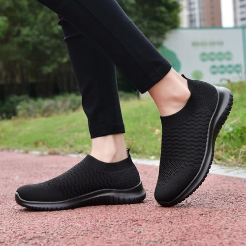 konhill Women's Walking Tennis Shoes - Lightweight Athletic Casual Gym Slip on Sneakers 6.5 US All Black