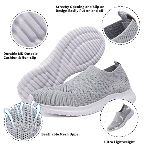konhill Women's Walking Tennis Shoes - Lightweight Athletic Casual Gym Slip on Sneakers 6.5 US L.Gray