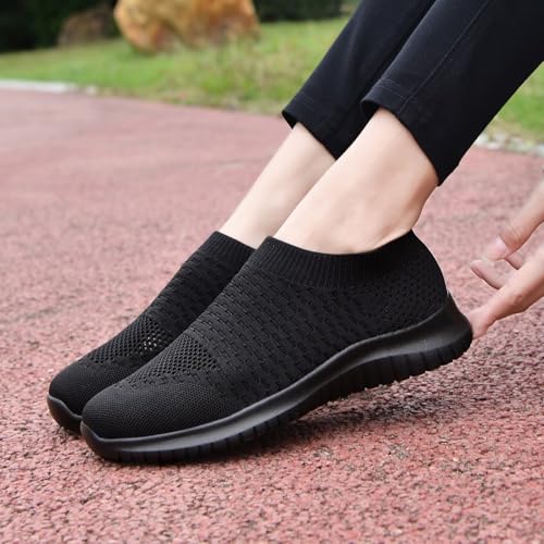 konhill Women's Walking Tennis Shoes - Lightweight Athletic Casual Gym Slip on Sneakers 7.5 US All Black