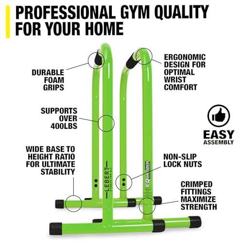 Lebert Fitness EQualizers Original Dip Bars | Total Body Strengthener Pull Up Bar Home, Gym, Office, Exercise Equipment Dip Station | Hip Resistance Band | Online Workout Videos | Lime