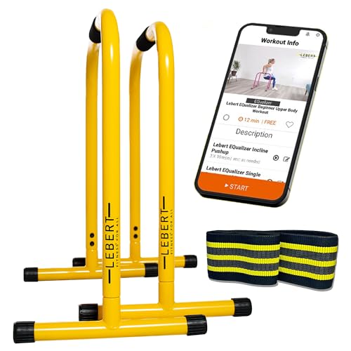 Lebert Fitness Dip Bar Stand - Original EQualizer Total Body Strengthener Pull Up Bar Home Gym Exercise Equipment Dipping Station - Hip Resistance Band, Workout Guide and Online Group - Yellow