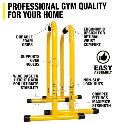 Lebert Fitness Dip Bar Stand - Original EQualizer Total Body Strengthener Pull Up Bar Home Gym Exercise Equipment Dipping Station - Hip Resistance Band, Workout Guide and Online Group - Yellow