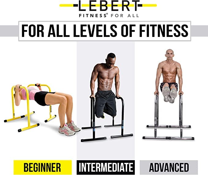 Lebert Fitness Dip Bar Stand - Original EQualizer Total Body Strengthener Pull Up Bar Home Gym Exercise Equipment Dipping Station - Hip Resistance Band, Workout Guide and Online Group - Yellow