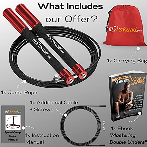 Speed Jump Rope - Premium Heavy Duty Adjustable Speed Rope- Lightweight, Solid Aluminum Handles & Ball Bearing- Smooth Crossfit Jump Rope- Extra Cable, Travel Bag & Ebook- Double Unders Game Changer …