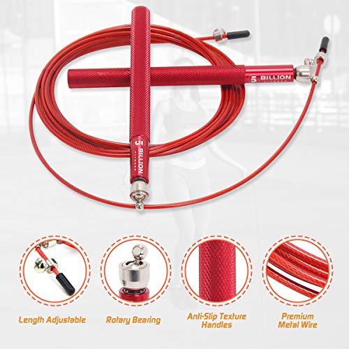 5BILLION Speed Jump Rope - 360° Swivel Ball Bearing - Adjustable - Workout for Double Unders, Exercise, WOD, Outdoor, MMA, Boxing Training (red)