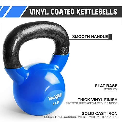 Yes4All Combo Vinyl Coated Kettlebell Weight Sets Great for Full Body Workout and Strength Training Blue, 5 10 15 lbs