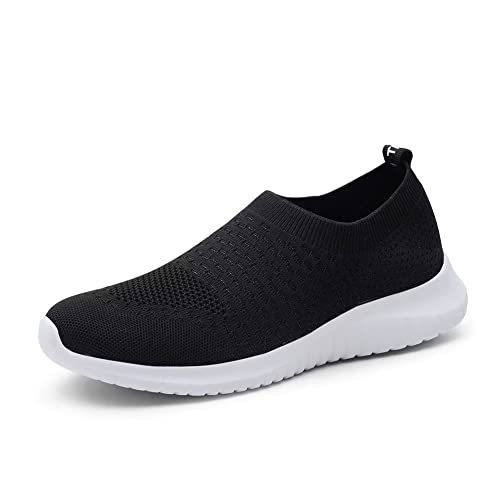 konhill Women's Walking Tennis Shoes - Lightweight Athletic Casual Gym Slip on Sneakers 9 US Black