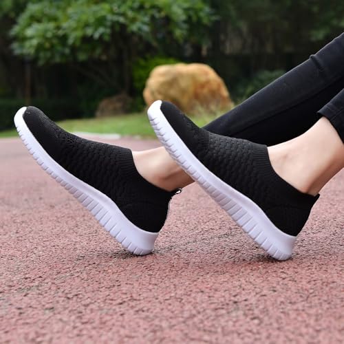 konhill Women's Walking Tennis Shoes - Lightweight Athletic Casual Gym Slip on Sneakers 12 US Black