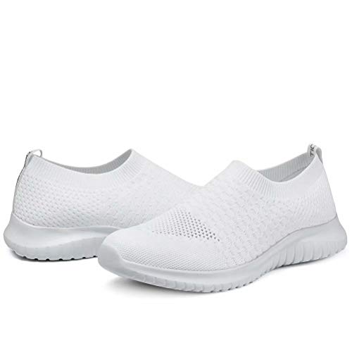 konhill Women's Walking Tennis Shoes - Lightweight Athletic Casual Gym Slip on Sneakers 12 US White
