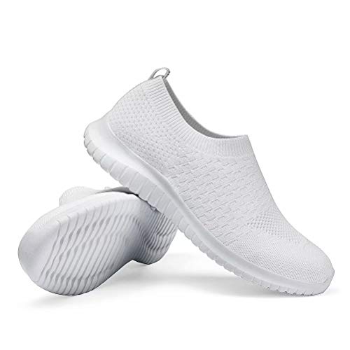 konhill Women's Walking Tennis Shoes - Lightweight Athletic Casual Gym Slip on Sneakers 12 US White