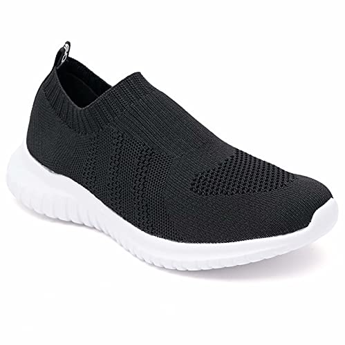 konhill Women's Walking Tennis Shoes - Lightweight Athletic Casual Gym Slip on Sneakers 7.5 US Black