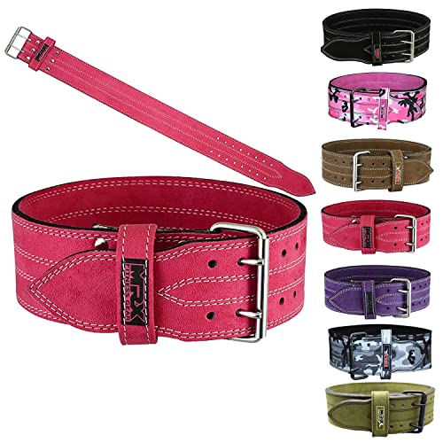 MRX Powerlifting Leather Belt 4" Wide 10mm Thickness Training Fitness Back Support Bodybuilding Belts with Steel 2 Prong Buckle Pink (Medium)