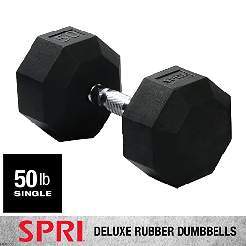 SPRI Dumbbells Deluxe Rubber Coated Hand Weights All-Purpose Color Coded Dumbbell for Strength Training (50-Pound) - Sold as a Single Dumbbell