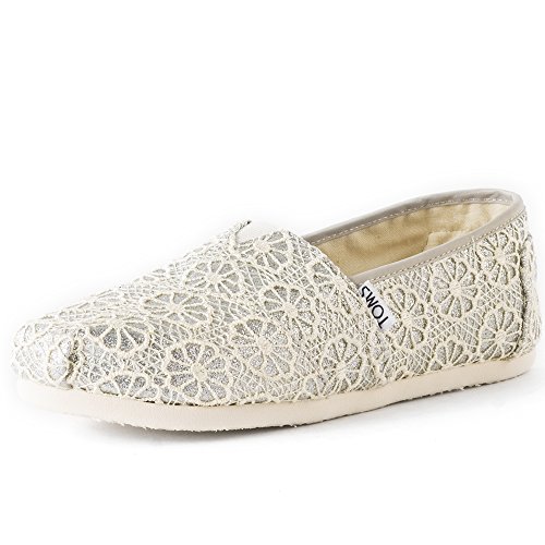 TOMS Womens Crochet Glitter Slip On Alpargata Flat Shoe, Silver, US 5
