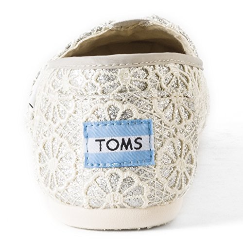 TOMS Womens Crochet Glitter Slip On Alpargata Flat Shoe, Silver, US 5