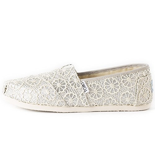 TOMS Womens Crochet Glitter Slip On Alpargata Flat Shoe, Silver, US 5