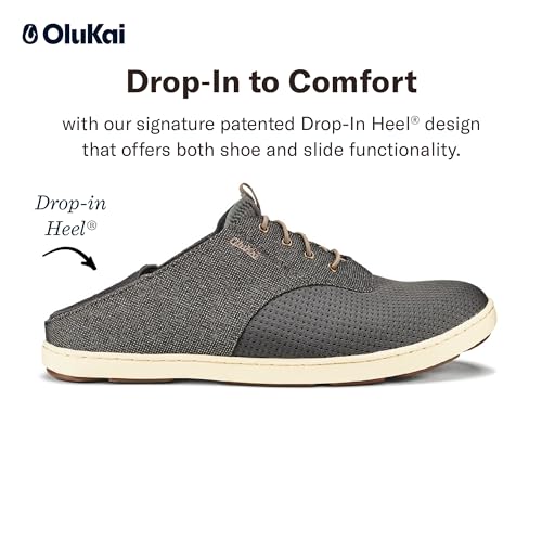 OLUKAI Nohea Moku Men's Boat Shoes, No Tie Laces & Stretch Construction, Breathable Mesh & All Weather Rubber Soles, Charcoal/Clay, 9