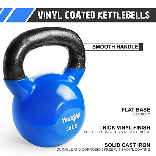 Yes4All Combo Vinyl Coated Kettlebell Weight Sets – Great for Full Body Workout and Strength Training – Vinyl Kettlebells 5 10 15 20 25 30 lbs, Blue, K2KY
