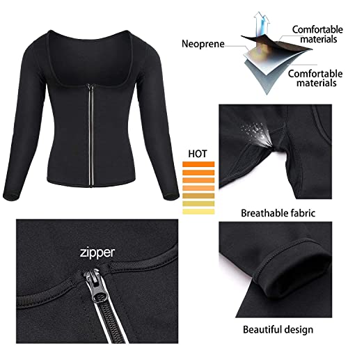 Women Sauna Suit Waist Trainer Neoprene Shirt for Sport Workout Corset Hot Body Shaper Top (L, Black#2 long sleeves)
