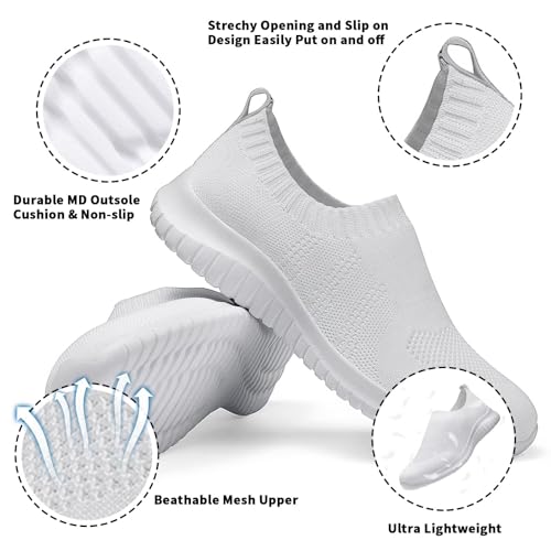 konhill Women's Walking Tennis Shoes - Lightweight Athletic Casual Gym Slip on Sneakers 8.5 US White