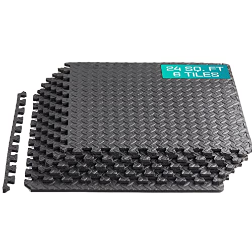 Yes4All interlocking Exercise Foam floor mats, for Gym Equipment – Eva Tiles (24 Square Feet – Black – 6 pcs)