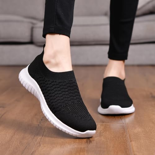 konhill Women's Walking Tennis Shoes - Lightweight Athletic Casual Gym Slip on Sneakers 9.5 US Black