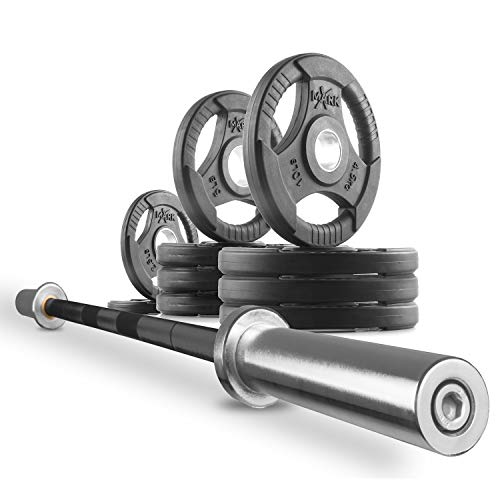 XMark 65 lb Olympic Weights Set, 7' Olympic Bar, Barbell Weight Bar and TRI-GRIP Weight Plates