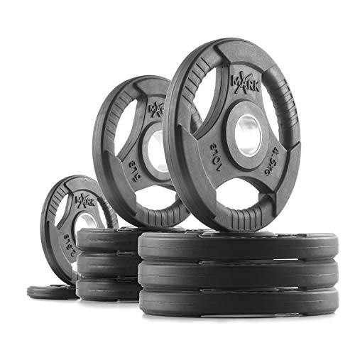 XMark 65 lb Olympic Weights Set, 7' Olympic Bar, Barbell Weight Bar and TRI-GRIP Weight Plates